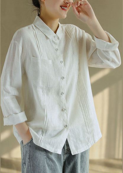 French White Wrinkled Peter Pan Collar Linen Blouse Top Long Sleeve
