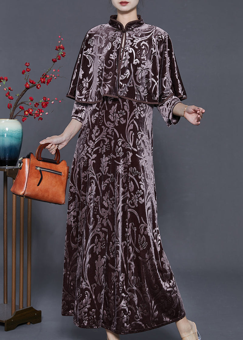 Chocolate Jacquard Silk Velour Long Dress Two Piece Set Fall