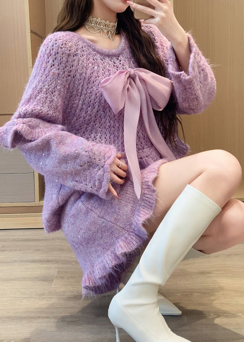 Purple Ruffled Bow Knit Two Pieces Set Spring