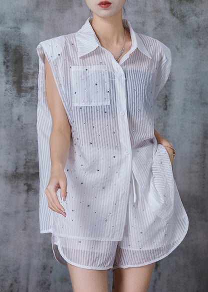 White Striped Zircon Cotton Two Pieces Set Summer