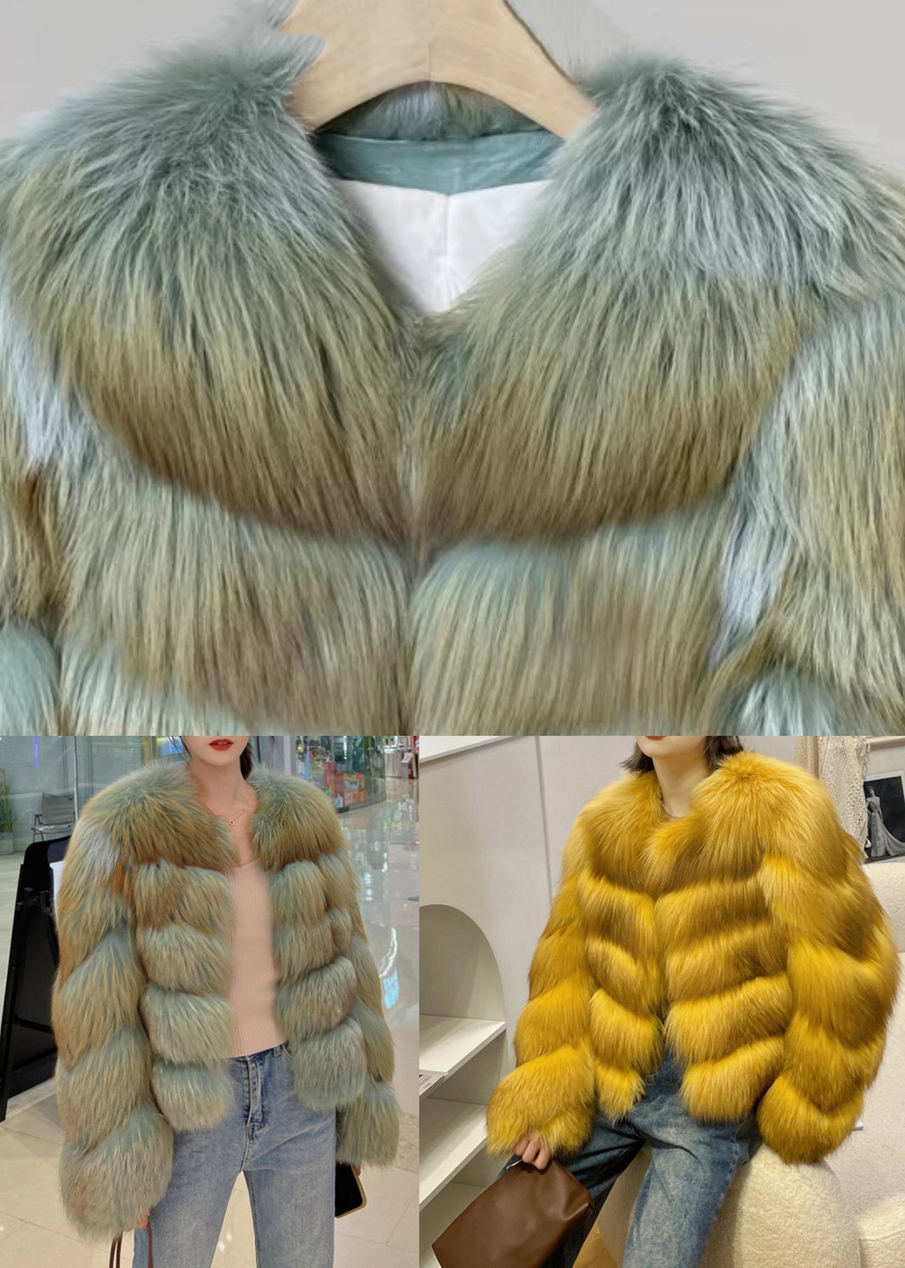 Yellow Patchwork Leather and Fur Coats Winter