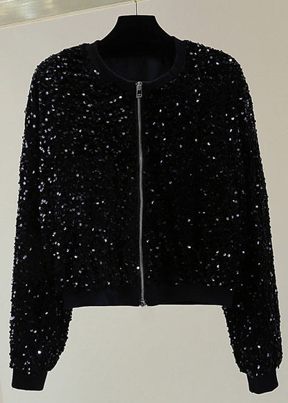 Stylish Black O-neck Patchwork Sequins Silk Velvet Coat Spring