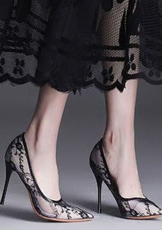 Pointed Toe Stiletto High Heels Female Lace Mesh Bed Hollow Single Shoes Spring New