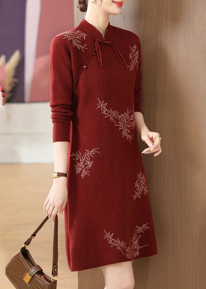 Mulberry Print Cotton Knitted Maxi Sweaters Dress Lantern Sleeve