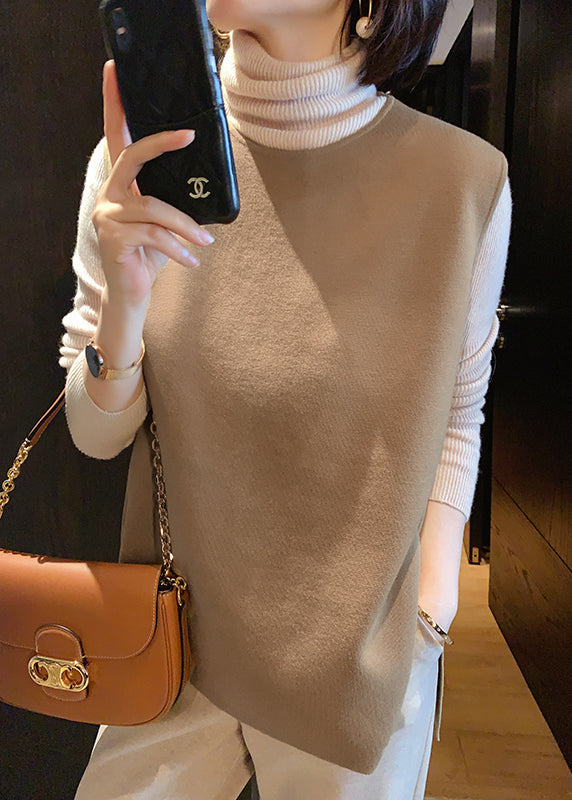 Handmade Camel Colour O-neck Sashes Woolen Waistcoat Sleeveless