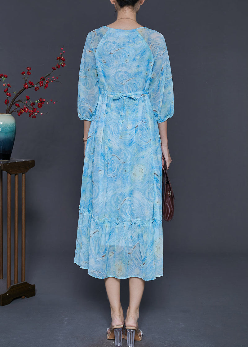 Blue Ruffled Print Chiffon Maxi Dresses Bracelet Sleeve