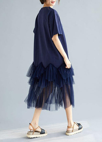 Classy Navy Patchwork Character Pattern Short Sleeve Robe Dresses