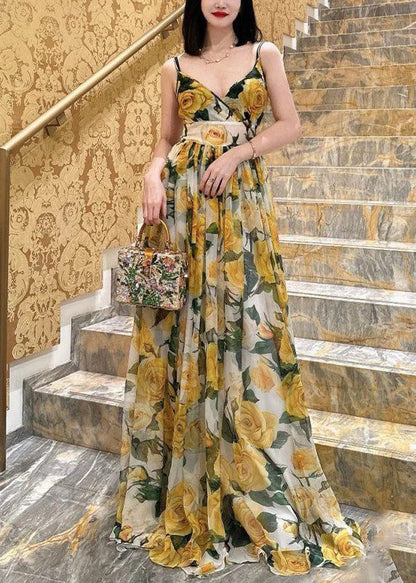 Yellow V Neck Print Chiffon Spaghetti Strap Dress Sleeveless