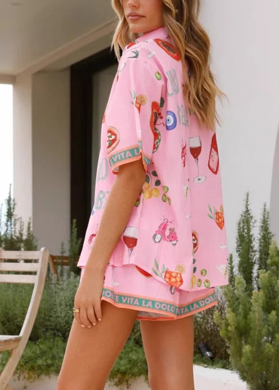 Pink Peter Pan Collar Shirts and Shorts Two Pieces Set Short Sleeve