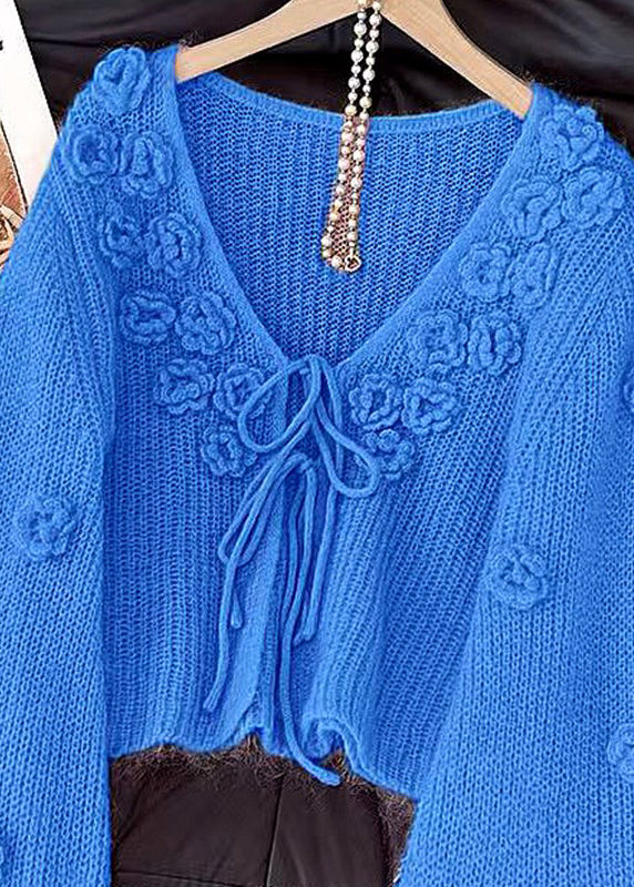 Blue V Neck Lace Up Cozy Knit Cardigans Fall