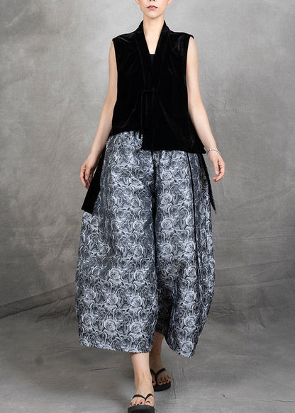 New Black Velvet Vest and Cotton Wide Leg Pants Jacquard Two-piece Set Autumn