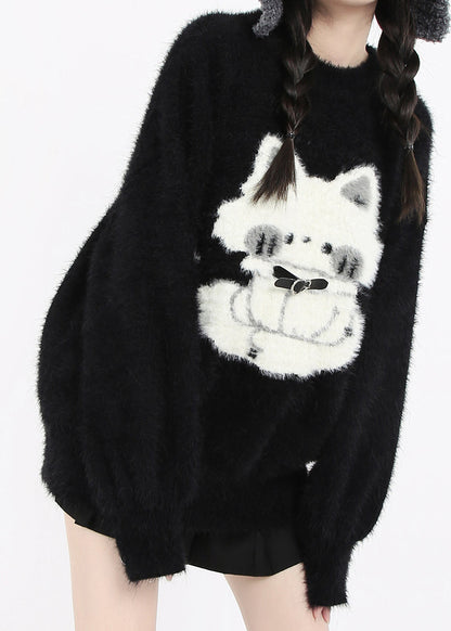 Boutique Black Oversized Cat Faux Mink Hair Knit Short Sweater Winter