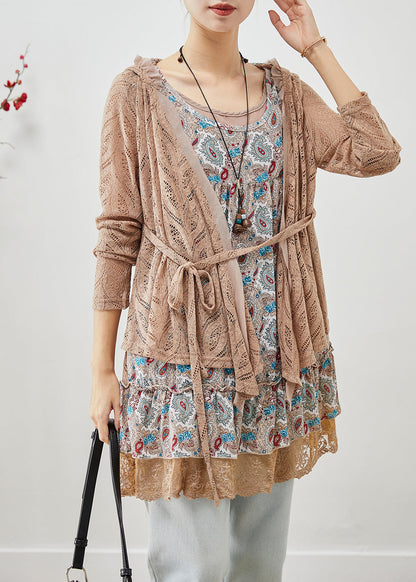 Khaki Hooded Patchwork Wrinkled Cotton Fake Two Piece Mini Dress Fall