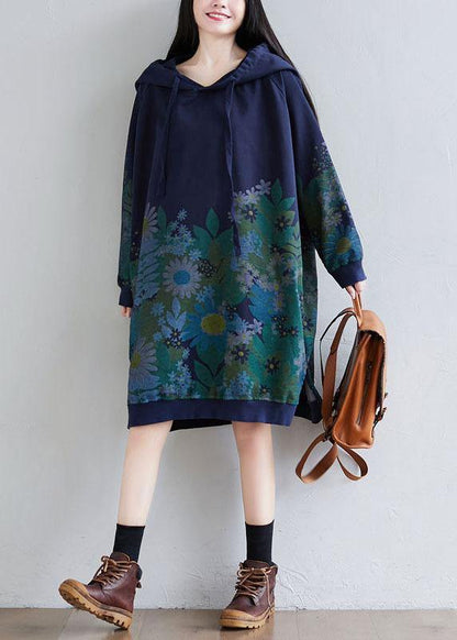 Navy Hooded Pockets Print Side Open Fall Sweatshirts Dress