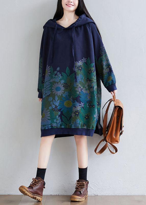 Navy Hooded Pockets Print Side Open Fall Sweatshirts Dress