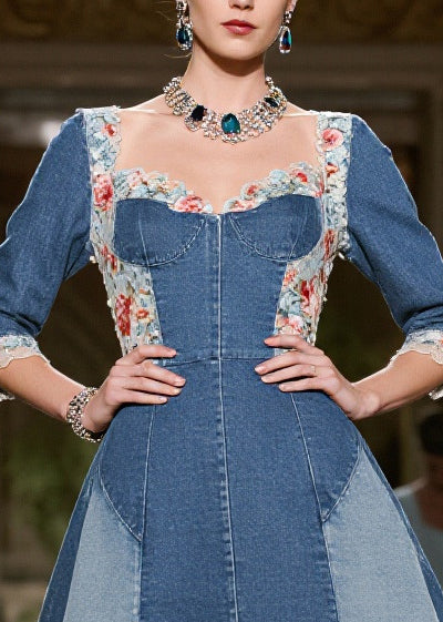 Blue Square Collar Lace Patchwork Denim Mini Dress Summer