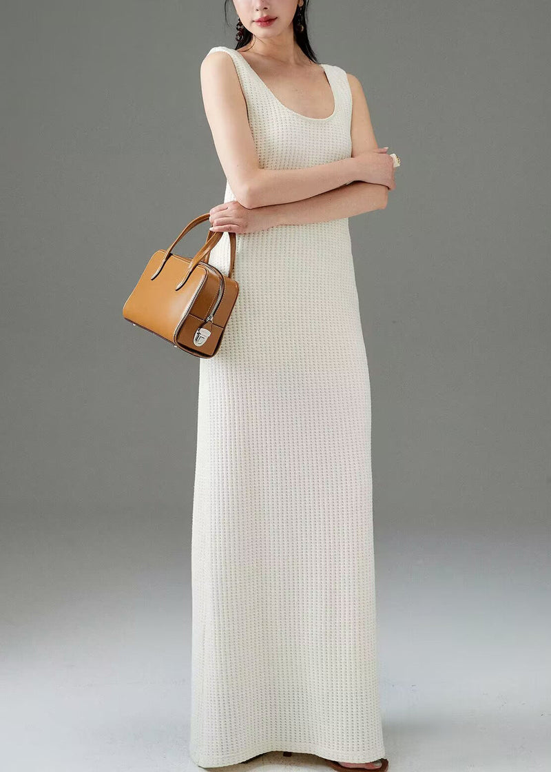 White Plaid Cotton Long Dress Sleeveless