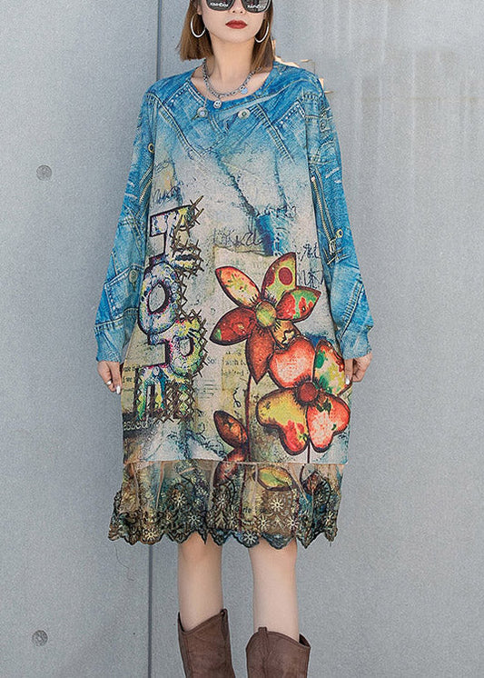 O-neck Ruffles Patchwork Print Knit Dresses Long Sleeve