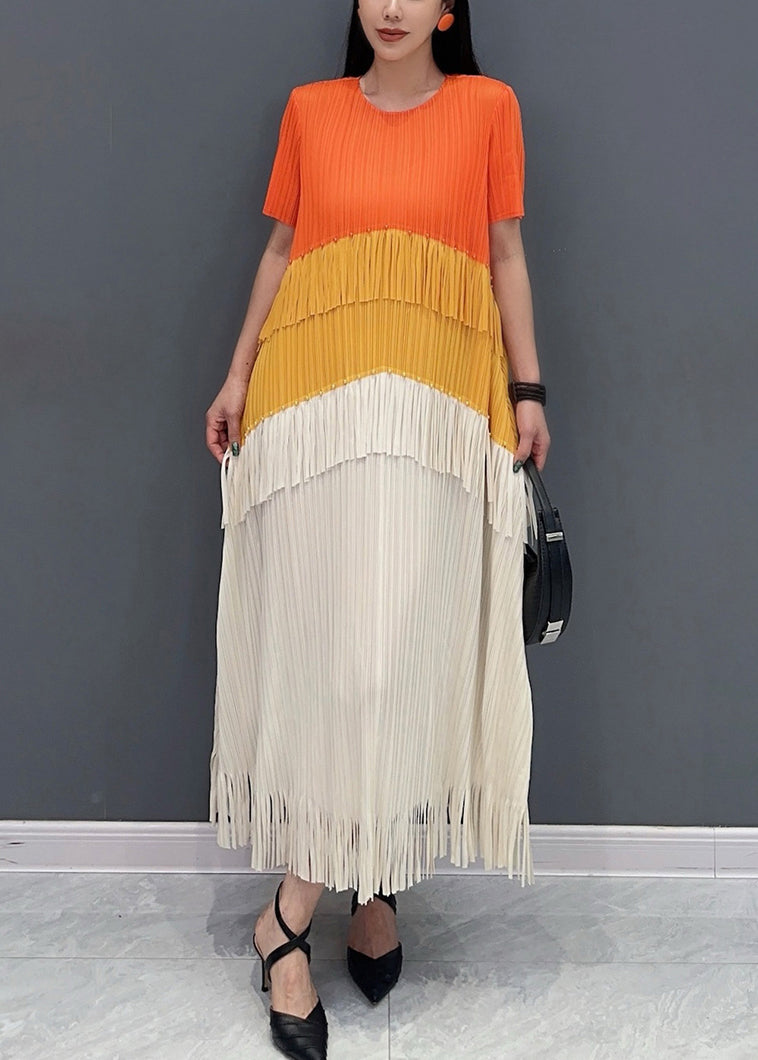 Orange Patchwork Silk Long Dress Tasseled O-neck Summer