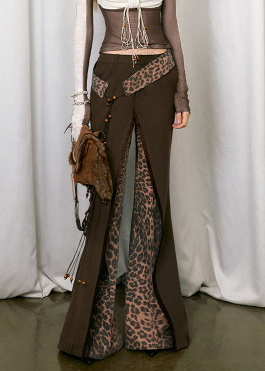 Italian Brown High Waist Leopard Print Patchwork Pants Fall