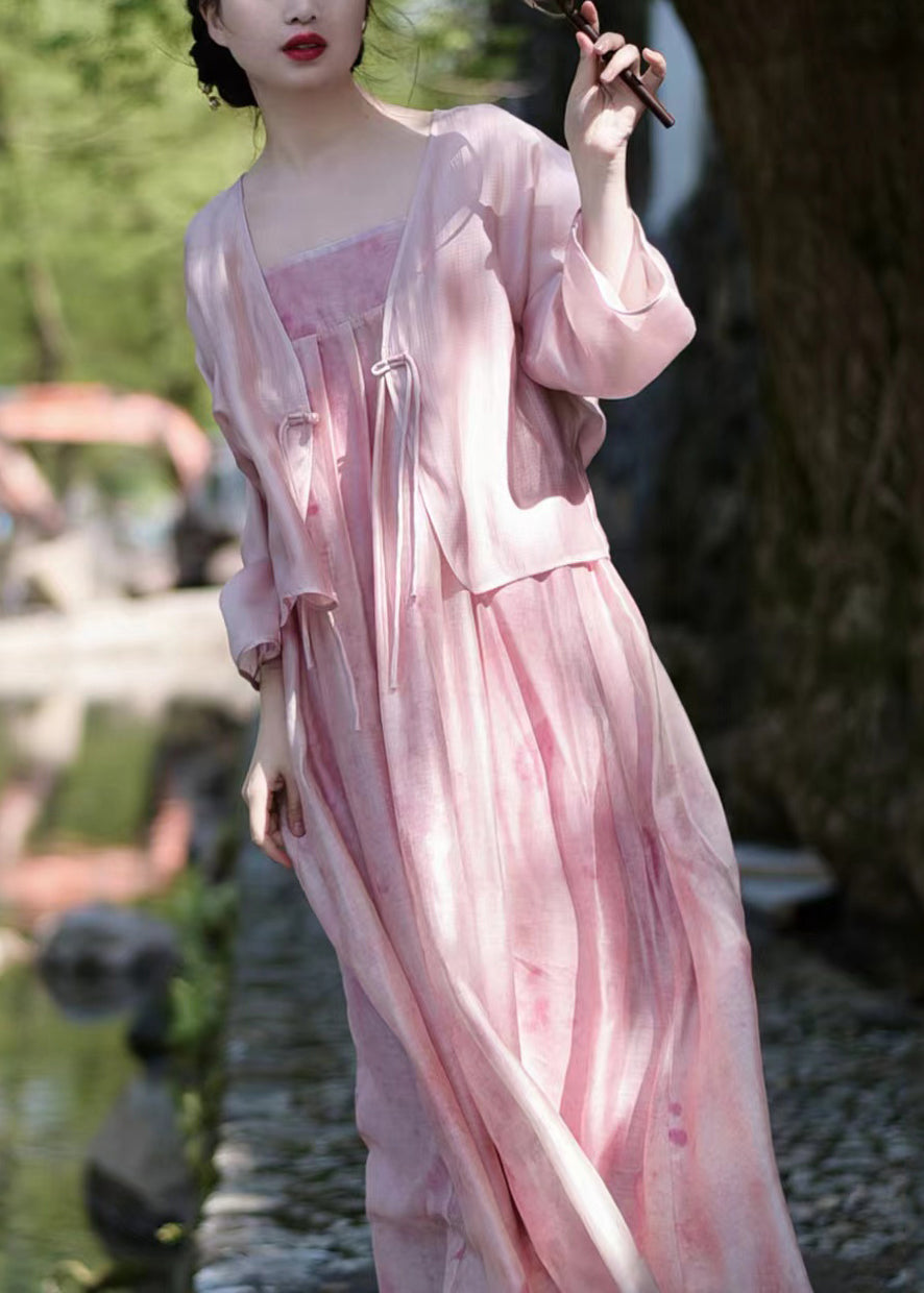 Pink Button Print Linen Silk Two Pieces Set Spring