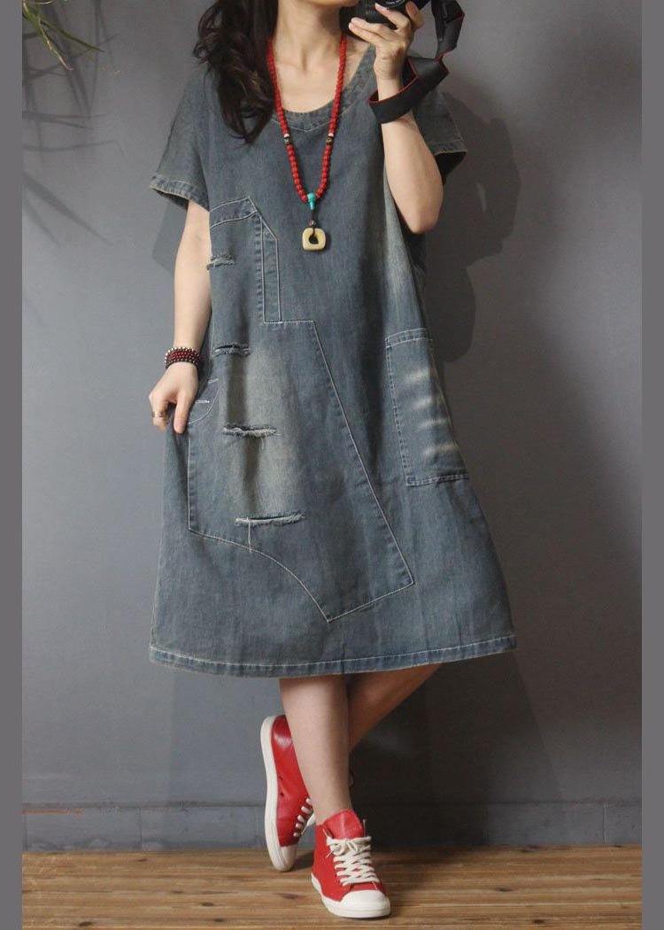 Italian Denim Hole Cotton Asymmetrical Design Summer Long Dress