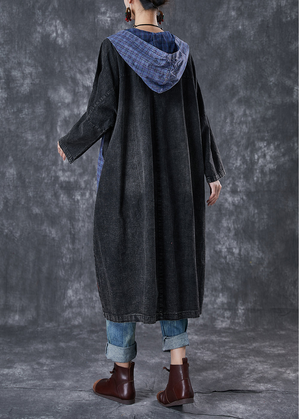 Black Hooded Patchwork Big Pockets Denim Coats Fall