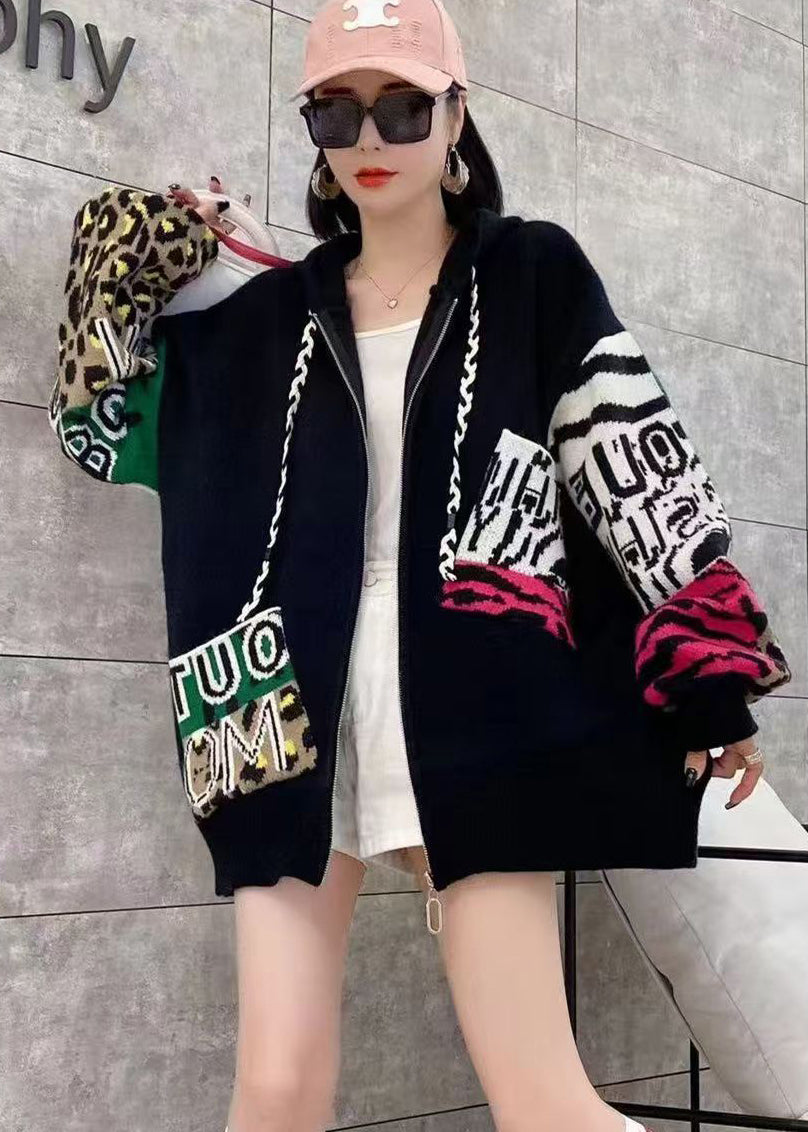 White Zippered Hooded Graphic Knit Coat Spring