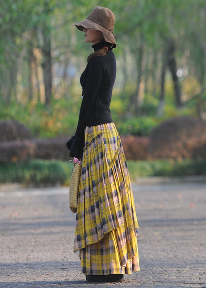 Original Yellow Wrinkled Plaid Patchwork Cotton Asymmetrical Skirt Spring