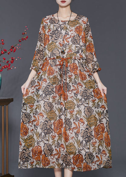 Khaki Cinched Print Silk Dress Bracelet Sleeve