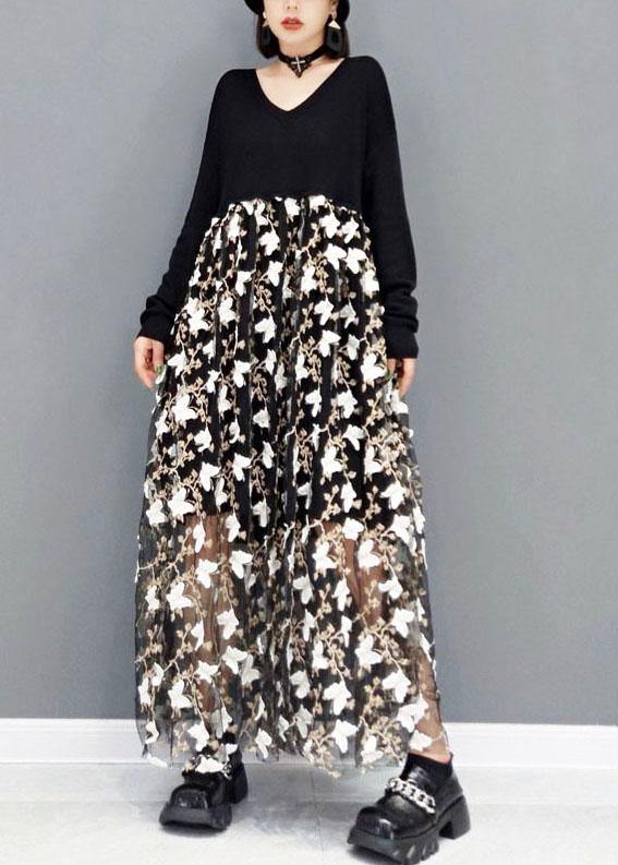 Black V Neck Print Vacation Dresses Fall Long Sleeve