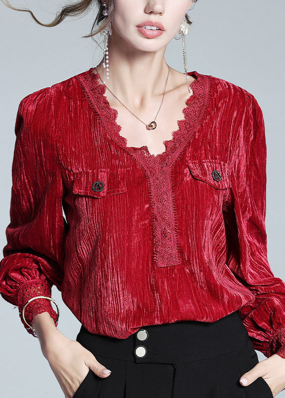 Red V Neck Lace Patchwork Silk Velour Top Long Sleeve
