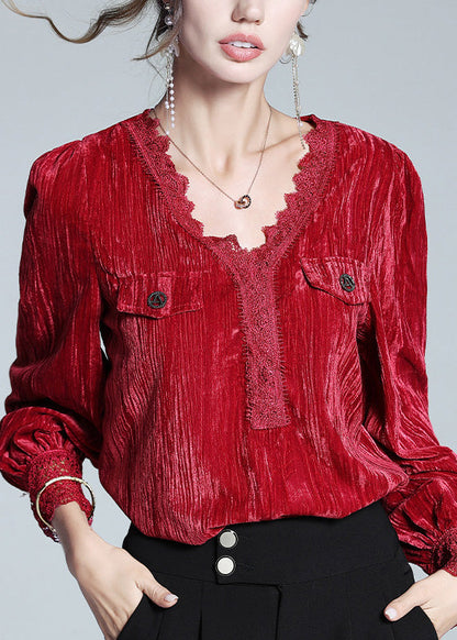 Red V Neck Lace Patchwork Silk Velour Top Long Sleeve