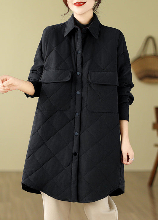 Black Peter Pan Collar Pockets Fine Cotton Filled Puffers Jackets Winter