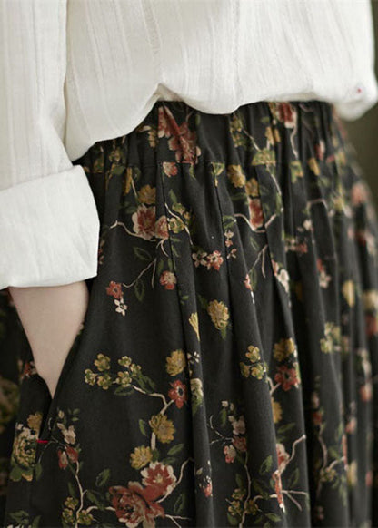 Black Print Cotton a Line Skirt Exra Large Hem Pockets Fall