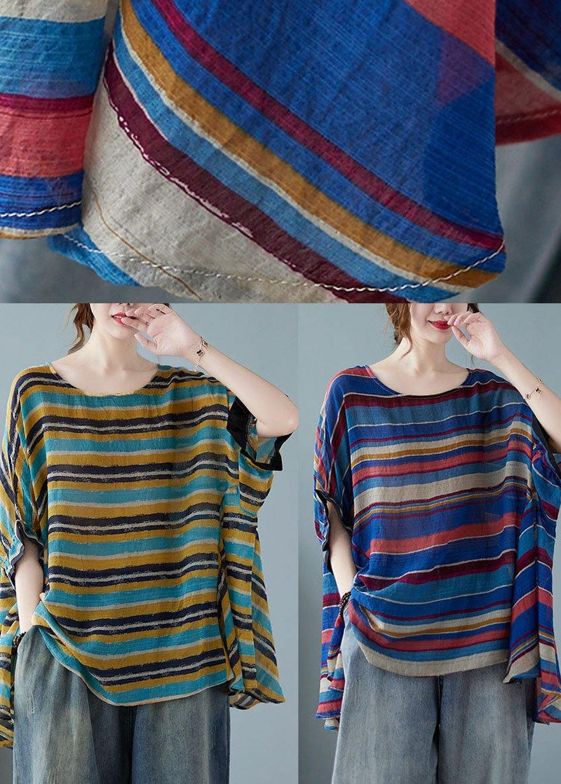 Italian Blue Asymmetric Striped Tee Batwing Sleeve