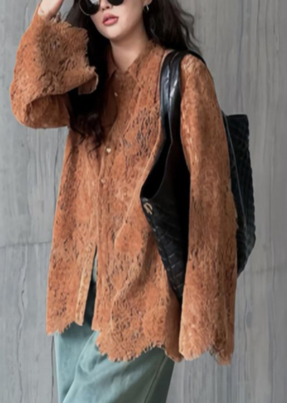 Coffee Peter Pan Collar Button Lace Shirt Flare Sleeve