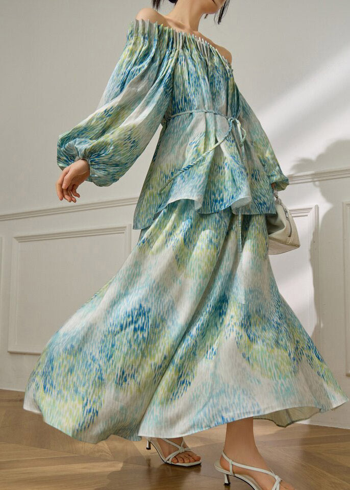 Green Slash Neck Tie Waist Top and Maxi Skirts Spring