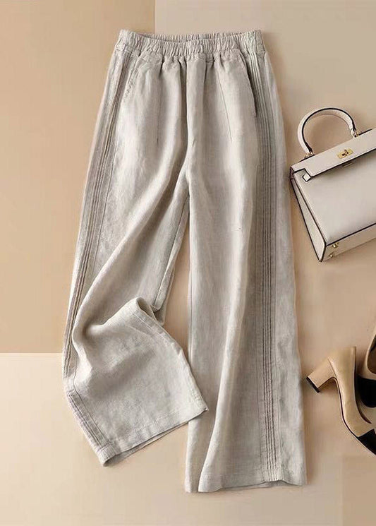 Linen Colour Ruffled Elastic Waist Draping Linen Wide Leg Pants Summer