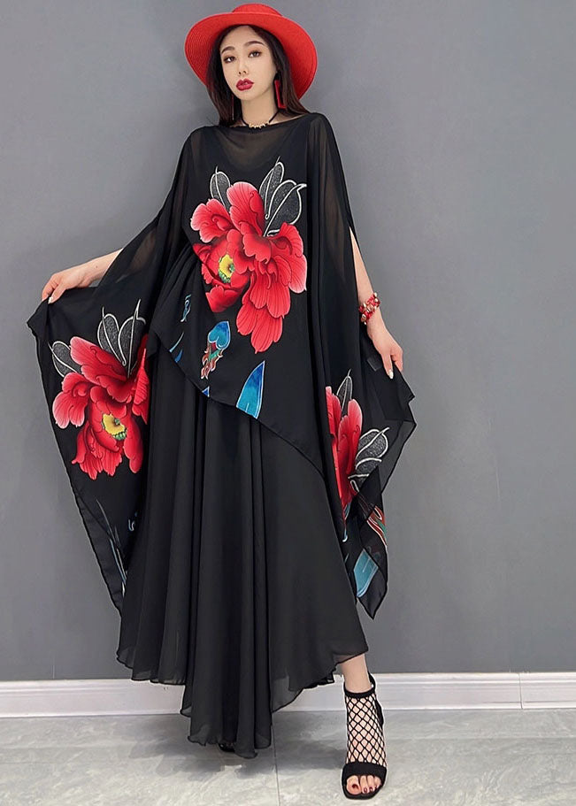 French Black Slash Neck Asymmetrical Design Print Chiffon Two Piece Set Batwing Sleeve