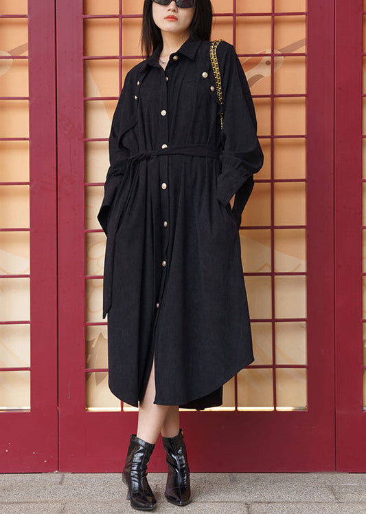 Black Pockets Tie Waist Cotton Shirt Dress Long Sleeve