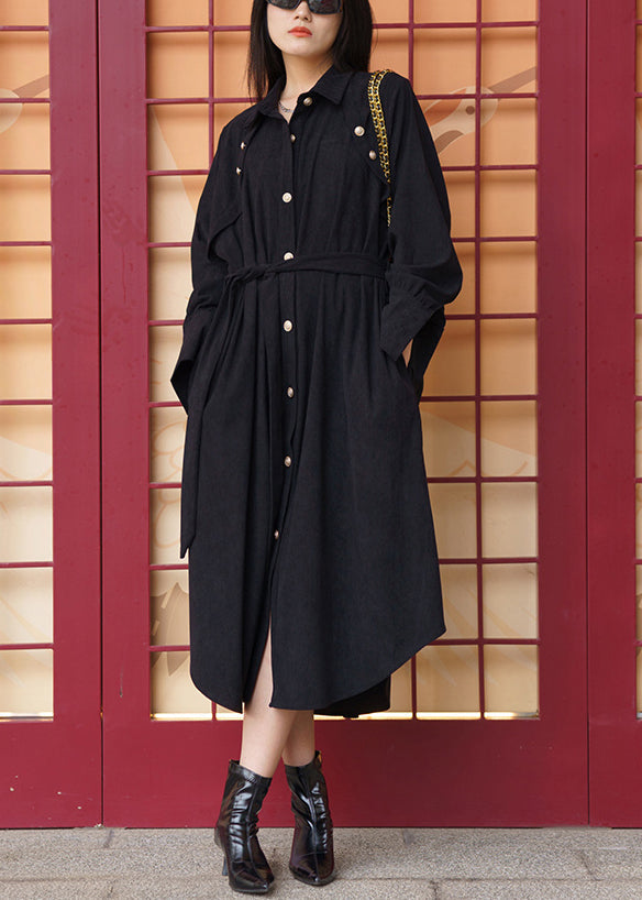 Black Pockets Tie Waist Cotton Shirt Dress Long Sleeve