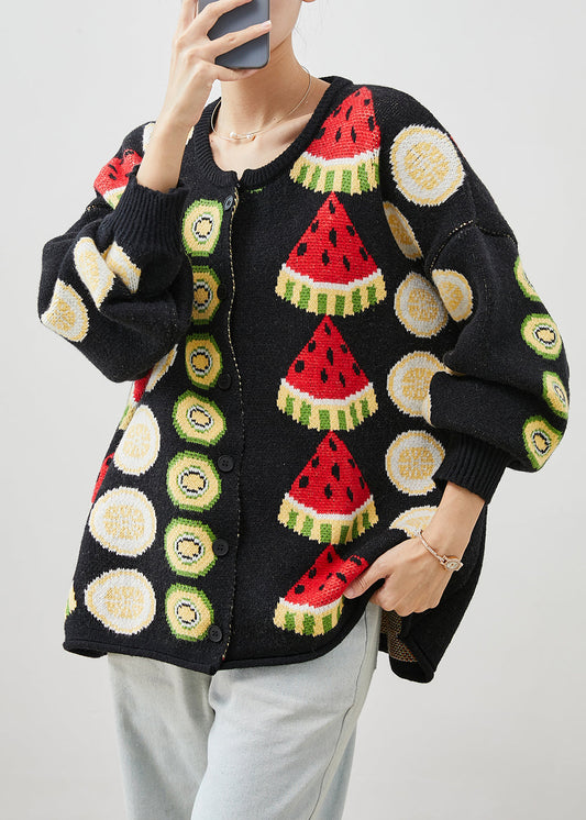 Black Fruit Print Oversized Knit Cardigans Winter