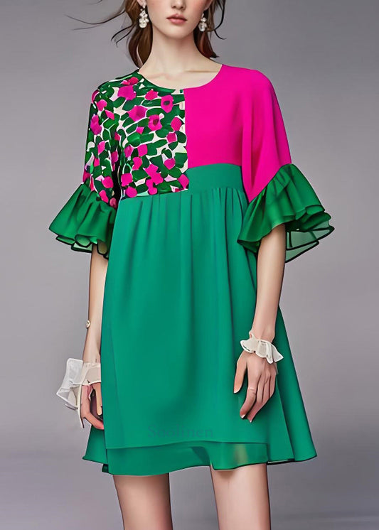 Style Green O Neck Patchwork Chiffon Mid Dress Butterfly Sleeve