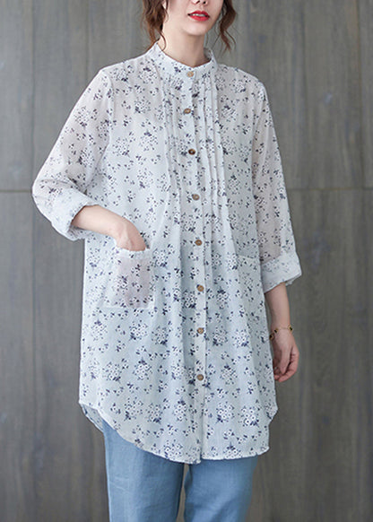 Italian White Stand Collar Wrinkled Print Shirts Half Sleeve