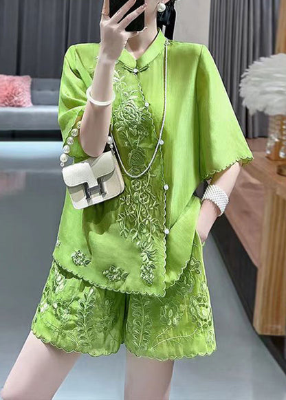 Chinese Style Green Stand Collar Embroidered Shirts and Shorts Two Piece Set Short Sleeve
