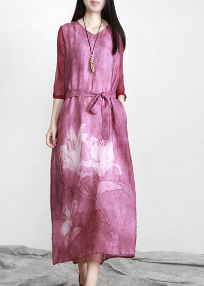 Purple Print Linen Tunic Maxi Dresses