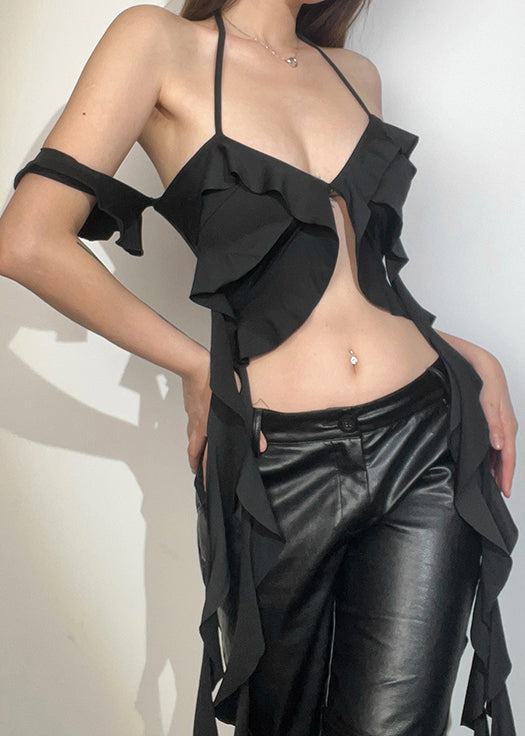 Black Asymmetrical Ruffled Cotton Tank Summer