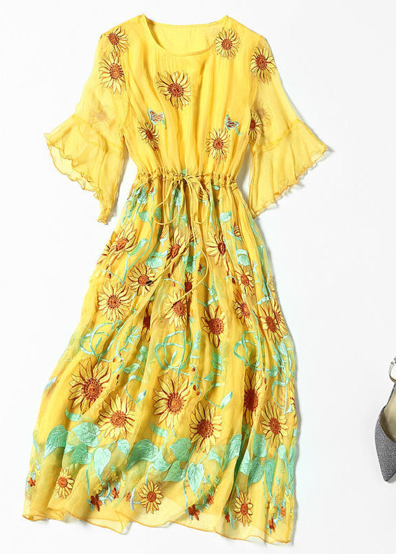 Yellow Daisy Printing Tie Waist Silk Vacation Dresses Flare Sleeve