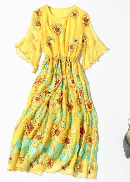 Yellow Daisy Printing Tie Waist Silk Vacation Dresses Flare Sleeve